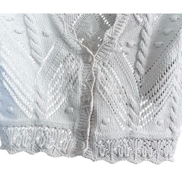 ZARA White Crop Cable Knit Short Sleeve V Neck Cardigan Small (K331) - Picture 5 of 6